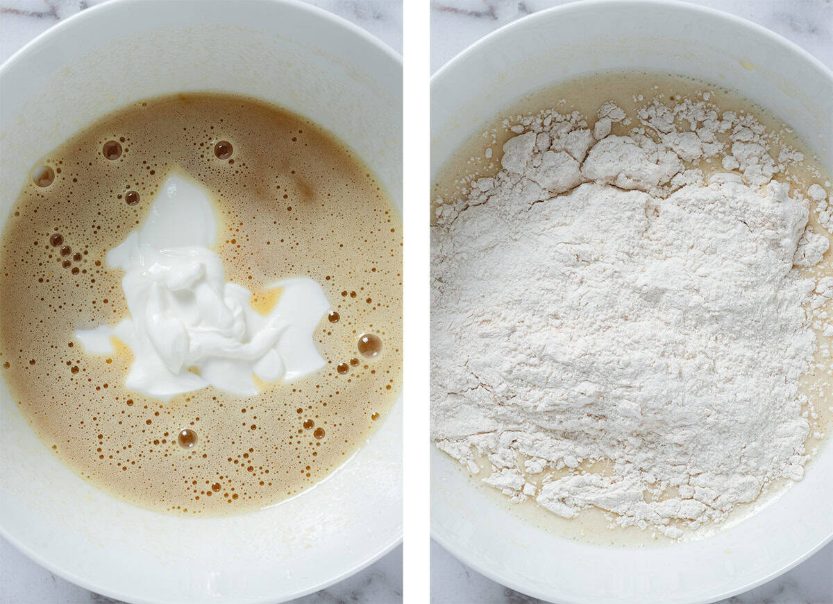 Whisked eggs with added yogurt on the left and with added dry ingredients on the right.