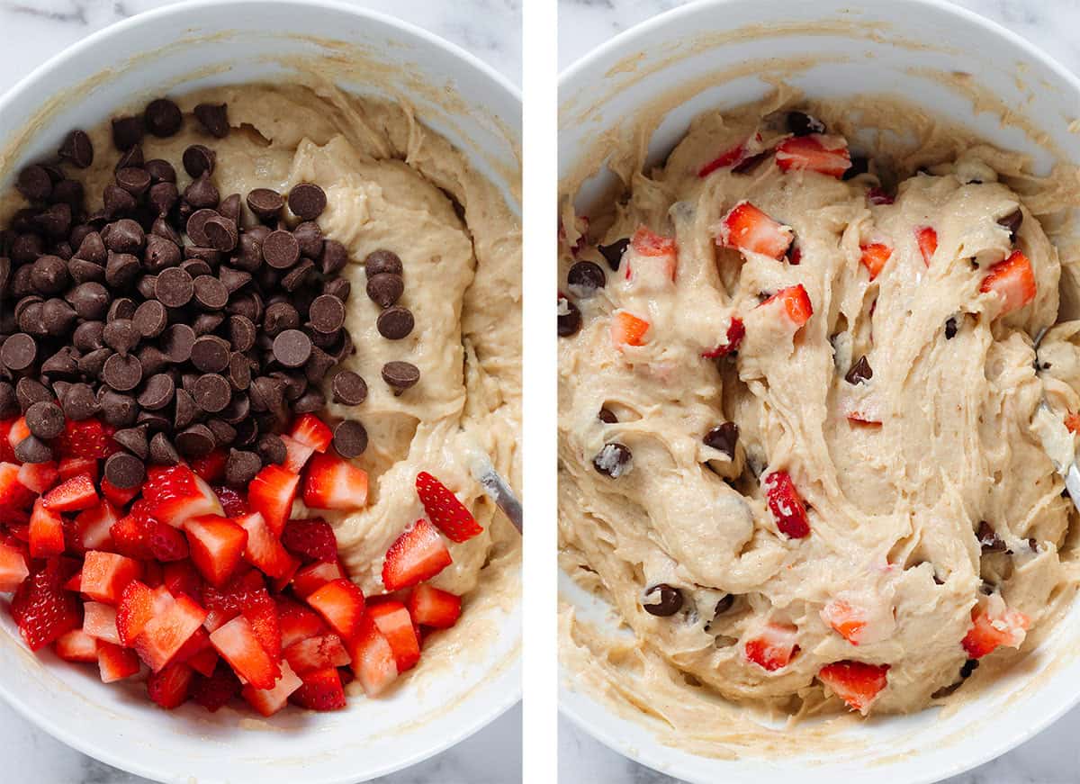 Muffin batter in a white bowl with added chocolate chips and diced strawberries before and after folding both in.