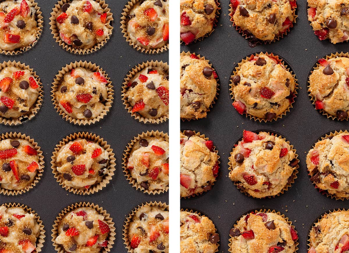 Muffins with strawberries and chocolate chips in a muffin pan in paper muffin cups before and after baking.