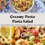 Colorful creamy pasta salad with diced veggies and two lemon wedges in a low bowl with a beige rim and with a fork on the right side.