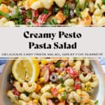 Colorful creamy pasta salad with diced veggies and two lemon wedges in a low bowl with a beige rim and with a fork on the right side.