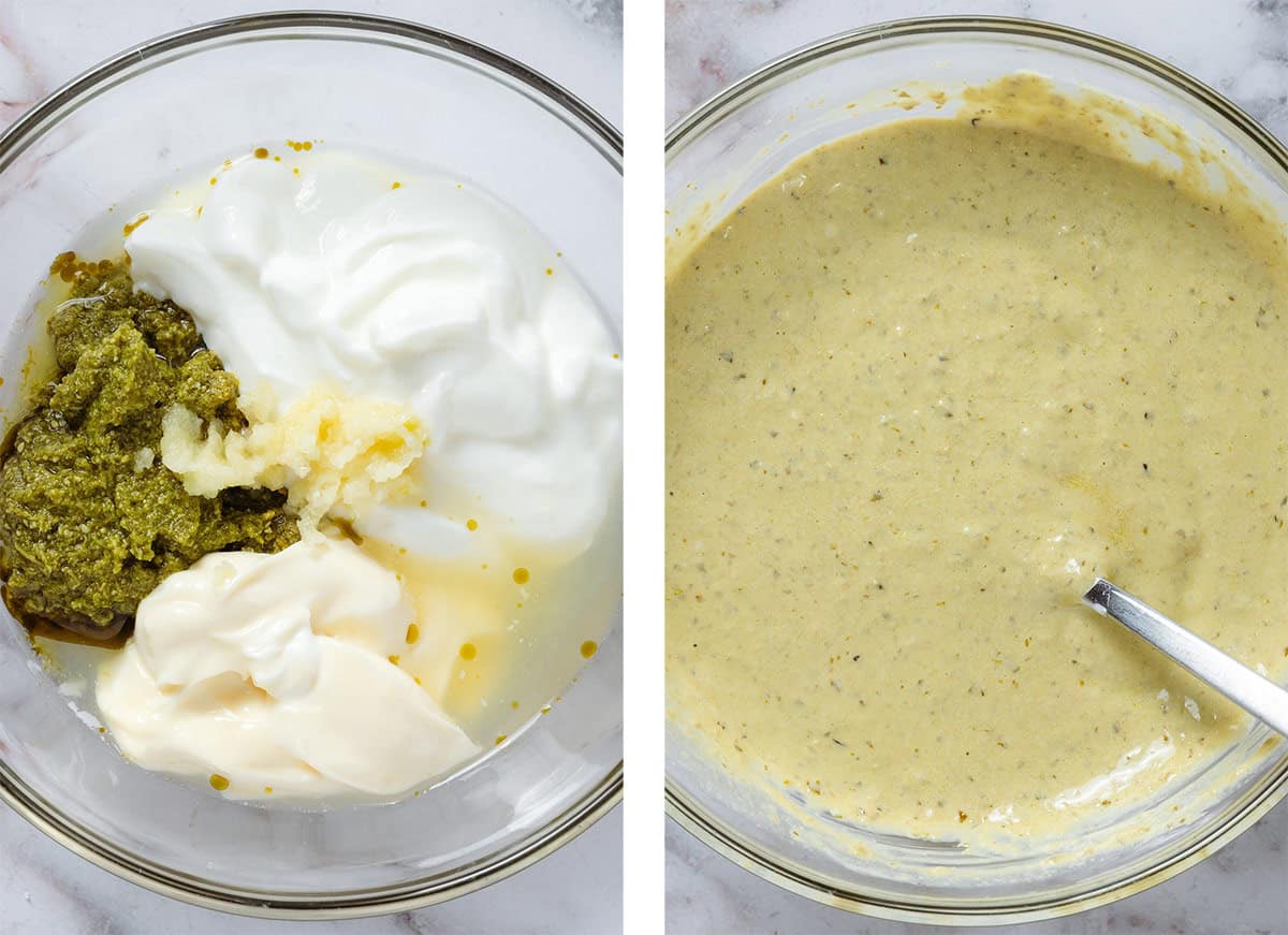 Yogurt, mayonnaise, pesto, lemon juice, and grated garlic in a glass bowl before and after whisking.
