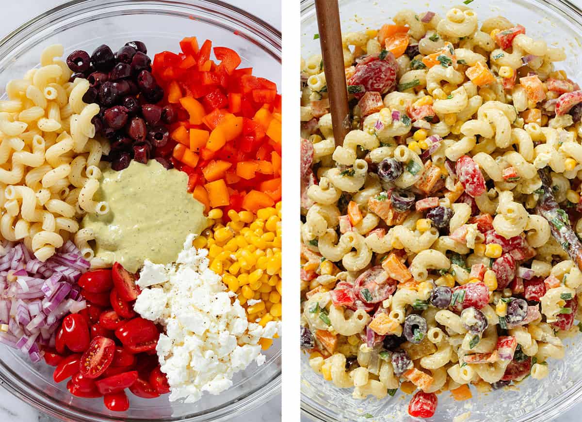 Pasta, diced peppers, red onion, tomatoes, olives, corn, and creamy dressing in a large glass bowl before and after mixing.