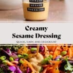 Golden creamy sesame dressing in a short glass jar being poured over a colorful salad.