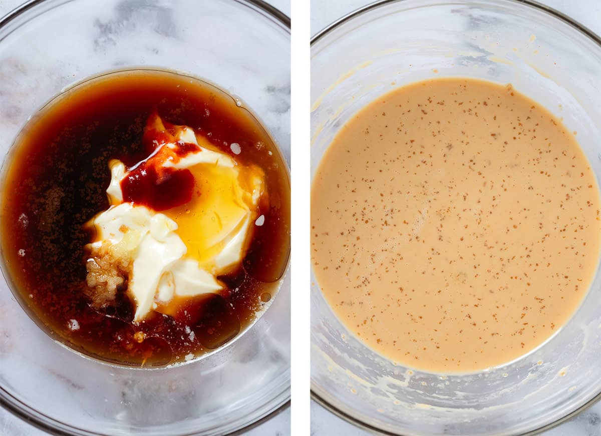 Mayonnaise, tamari, hot sauce, honey, minced garlic, and other ingredients in a glass bowl before and after whisking.