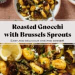 Crispy golden roasted brussels sprouts with gnocchi and feta in a white bowl with a beige rim garnished with lemon zest and two lemon wedges on the left.