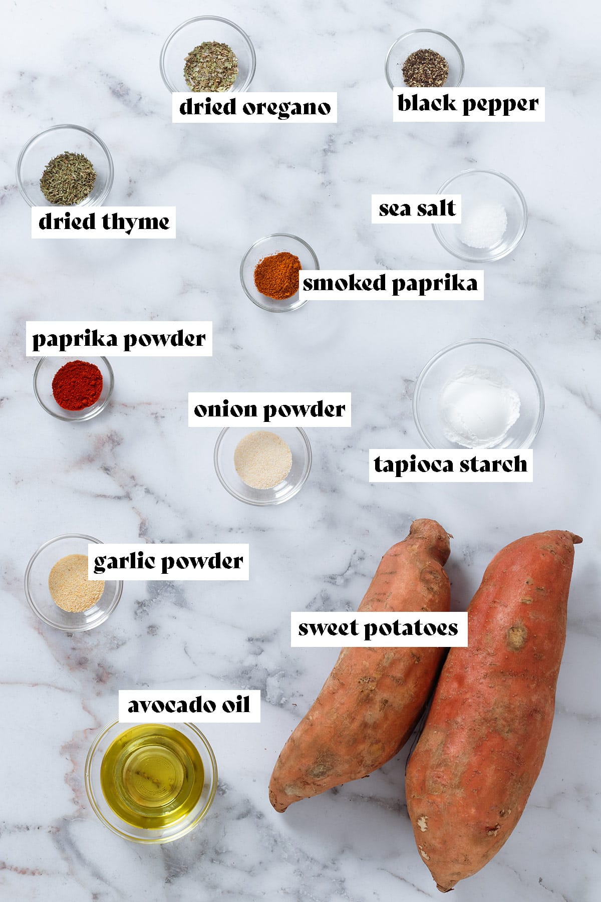 Two sweet potatoes and various spices, dried herbs, and avocado oil in small glass bowls with text overlay.