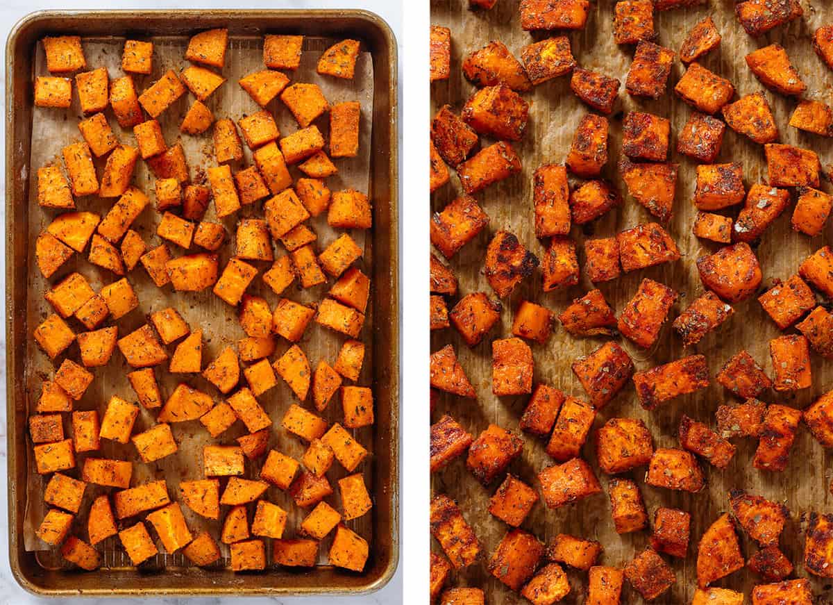 Slightly roasted diced sweet potatoes on the left and extra crispy after roasting on the right, both on a baking sheet.