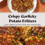 Golden brown potato fritters on a white plate sprinkled with finely chopped fresh parsley and flaky sea salt.