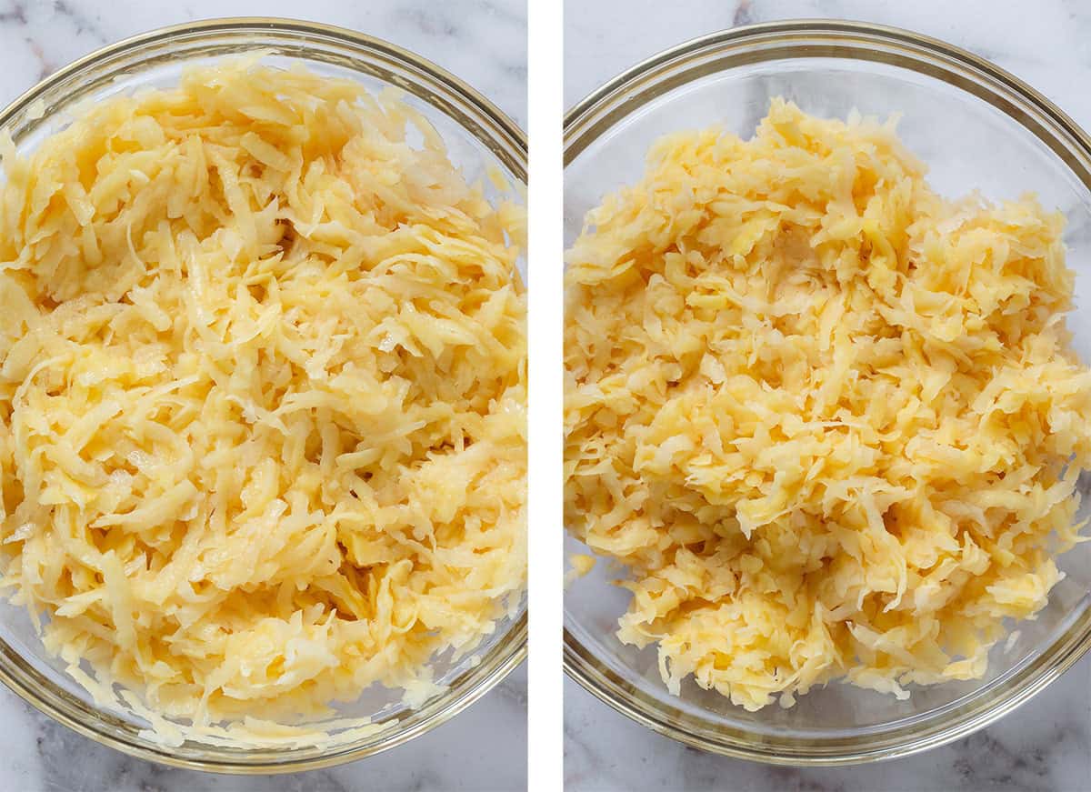 Grated potatoes in a medium glass bowl before and after water is squeezed out of them.