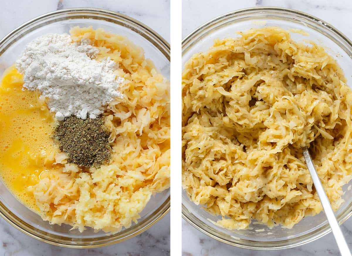 Grated potatoes, flour, whisked eggs, and dried herbs in a glass bowl before and after mixing everything together.