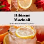 A short glass with bright red hibiscus mocktail topped with sparkling water and garnished with a slice of orange and lemon, with flower around the glass.