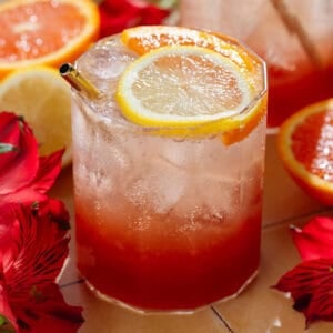 A short glass with bright red hibiscus mocktail topped with sparkling water and garnished with a slice of orange and lemon, with flower around the glass.