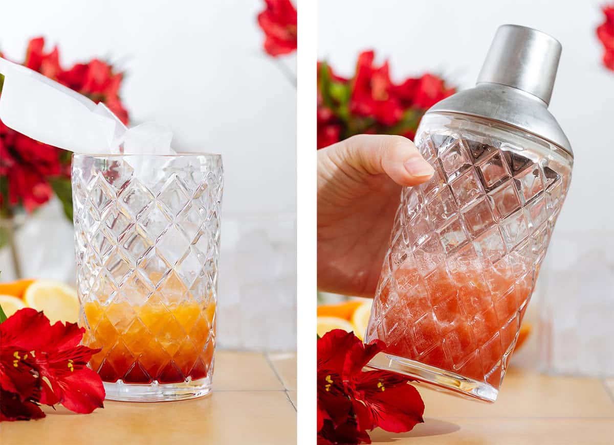 Ice being added into a glass cocktail shaker with other ingredients and shaken until frothy.