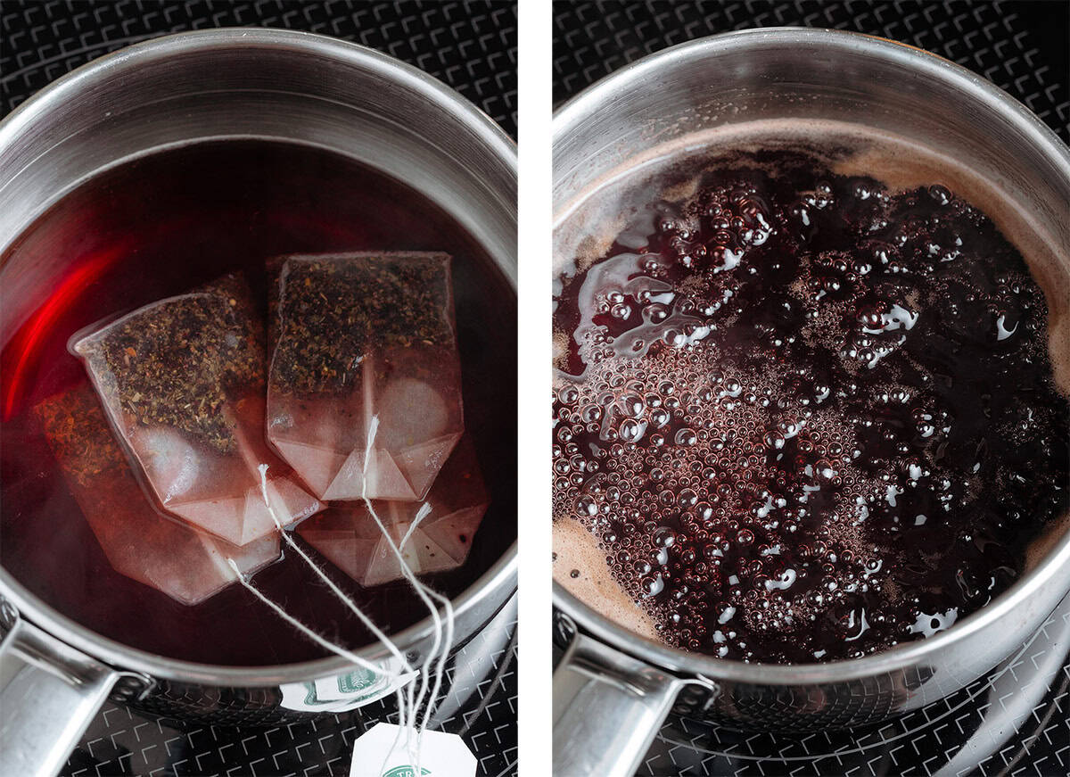 Hibiscus tea steeping in small saucepan on the left anf simmering with sugar on the right.