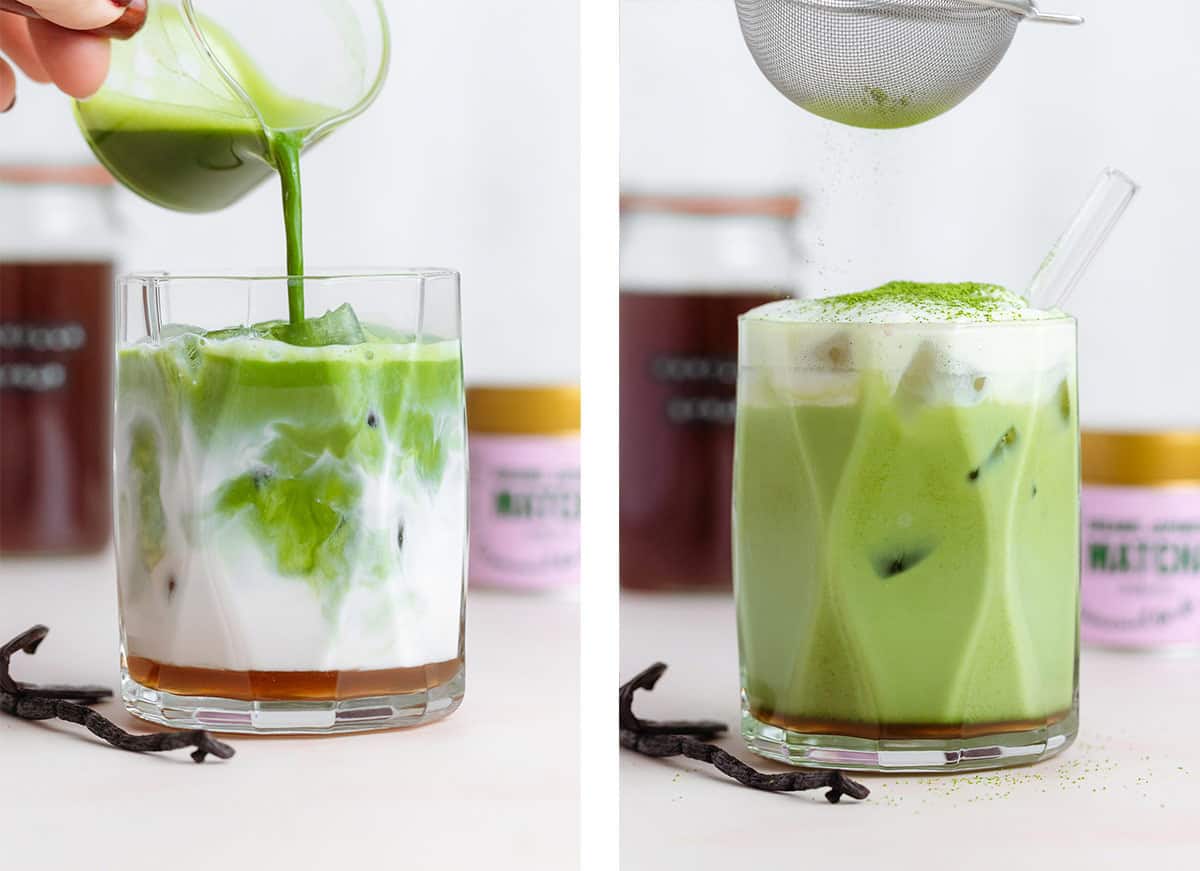Matcha being poured into a short glass over milk and ice and dusted with matcha powder as garnish on the right.