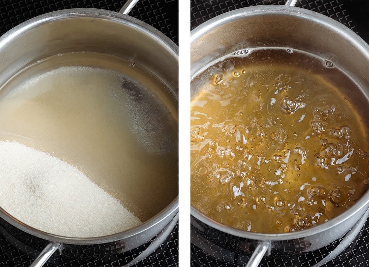Cane sugar and water simmering in a small pot on the stove to make vanilla syrup.