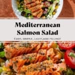 Colorful Greek salad in a white low bowls with a piece of roasted salmon sliced horizontally on top of each salad.