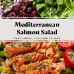 Colorful Greek salad in a white low bowl with a piece of roasted salmon sliced horizontally on top.