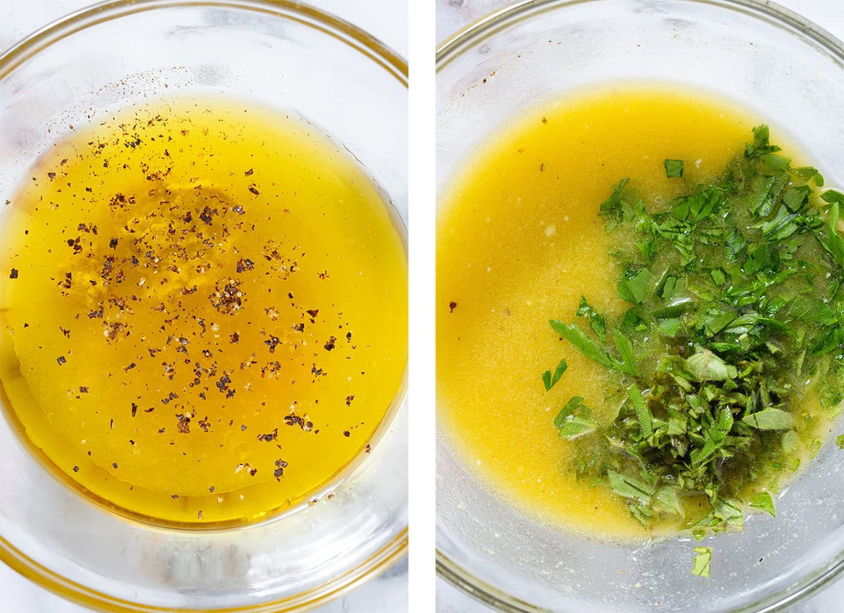 Vinaigrette made with olive oil, lemon juice, black pepper, and fresh herbs in a small glass bowl.