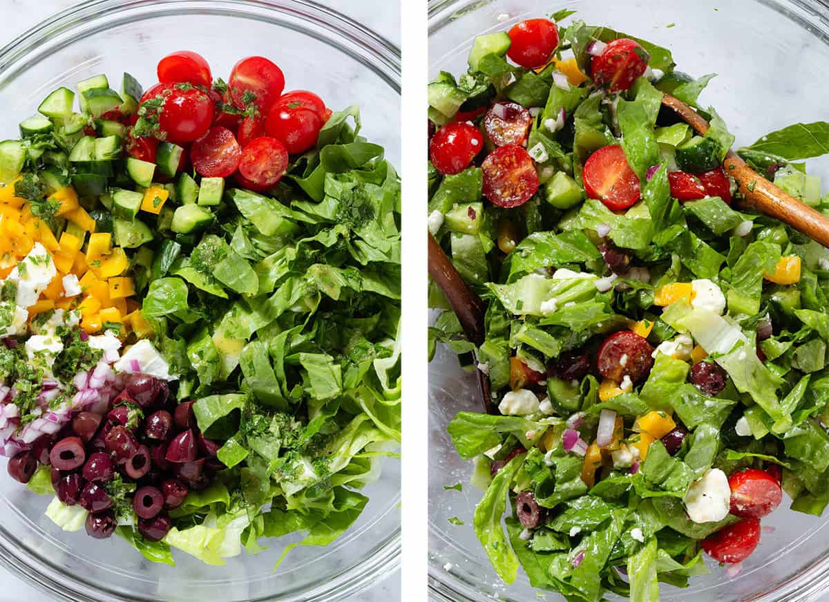 Romaine lettuce, cucumber, cherry tomatoes, bell pepper, feta, and olives in a large bowl before and after tossing with lemon vinaigrette.