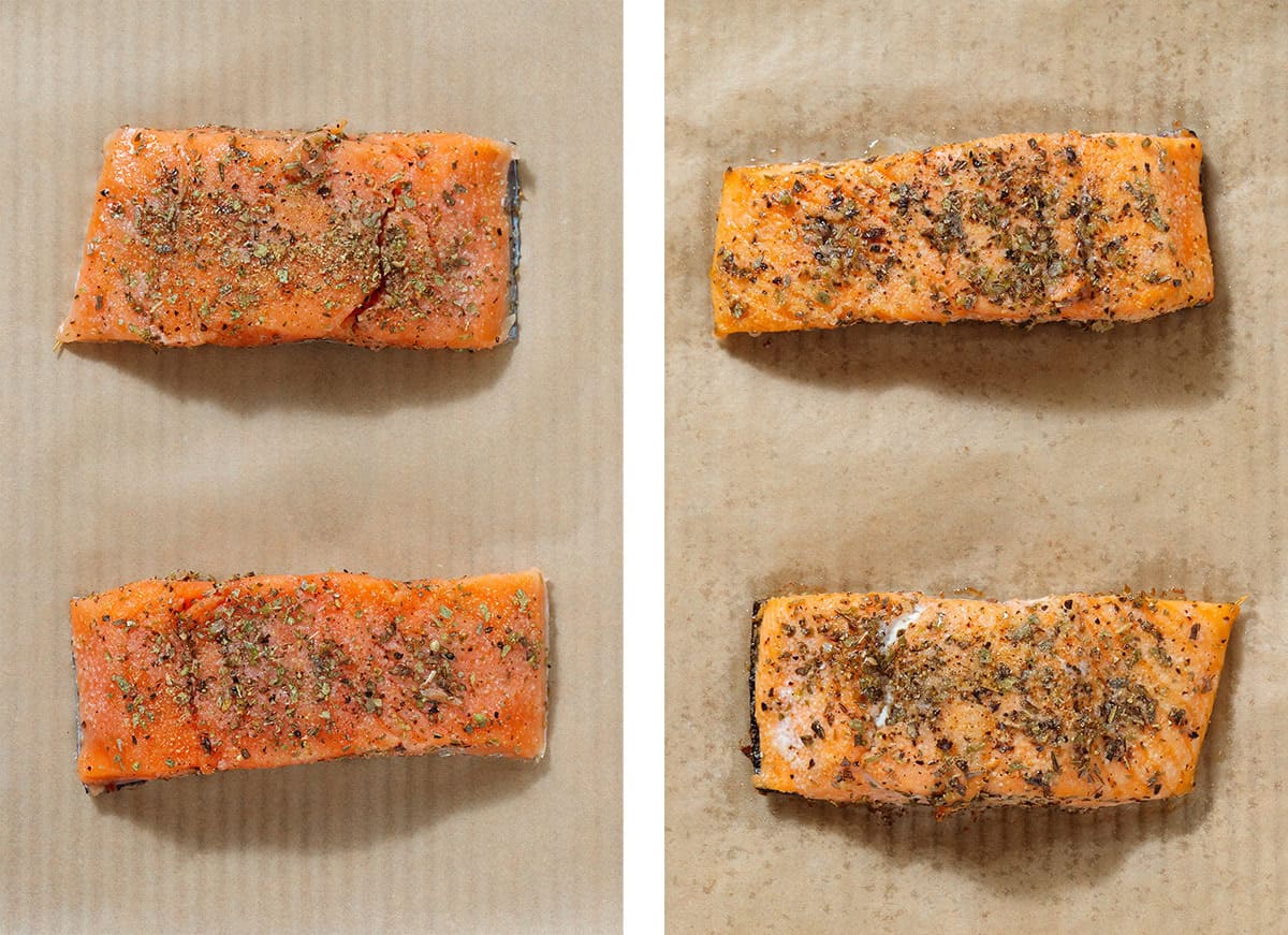 Two servings of pink salmon on a baking sheet lined with parchment paper before and after roasting.