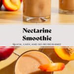 A short glass with bright orange nectarine smoothie garnished with a nectarine wedge.