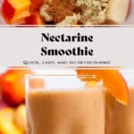 A short glass with bright orange nectarine smoothie garnished with a nectarine wedge.