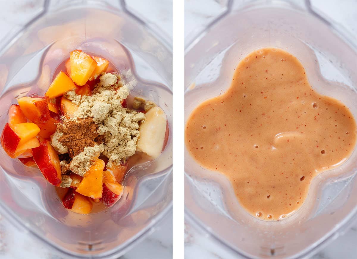 A blender with diced nectarines, banana, protein powder, and cinnamon before and after blending.