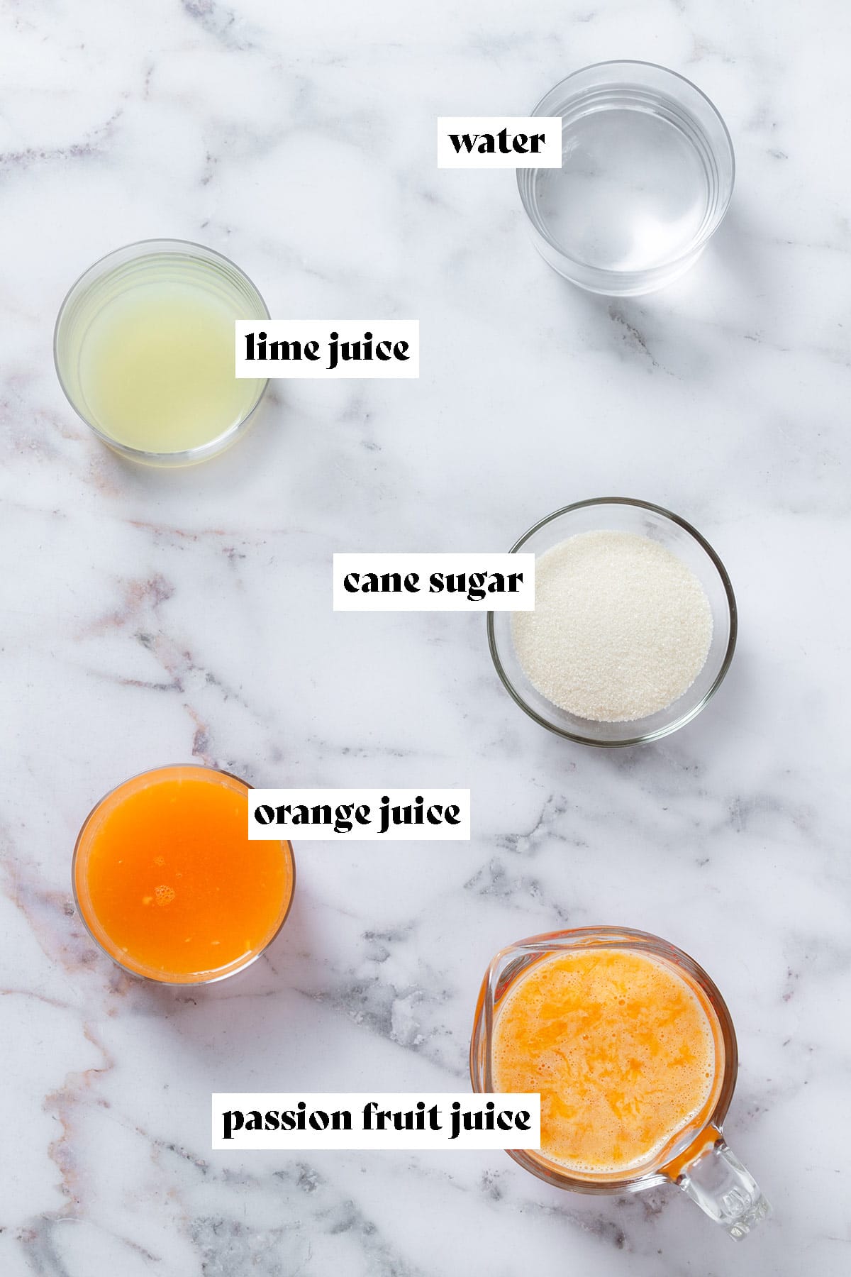 Measured ingredients in small glasses like orange juice, passion fruit juice, and lime juice with text overlay.