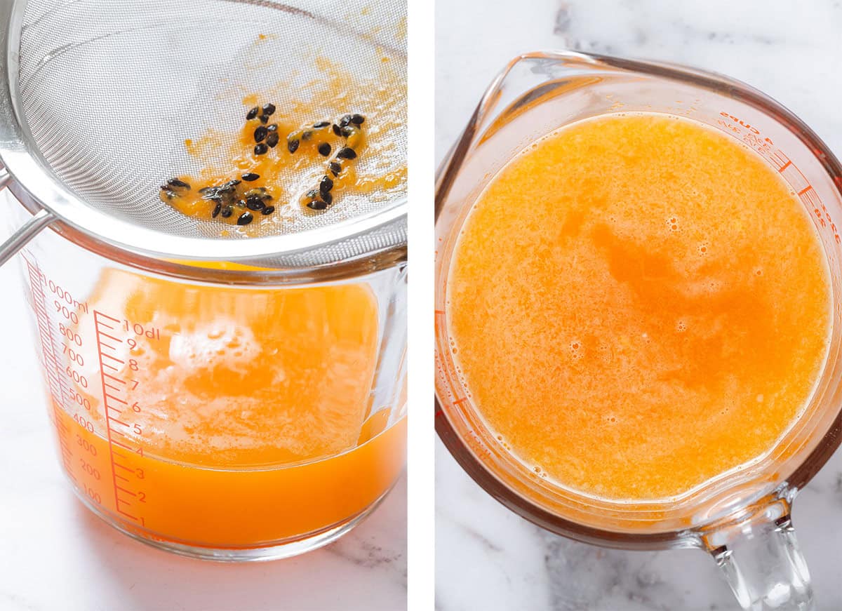 Passion fruit juice being strained into a large glass measuring cup.