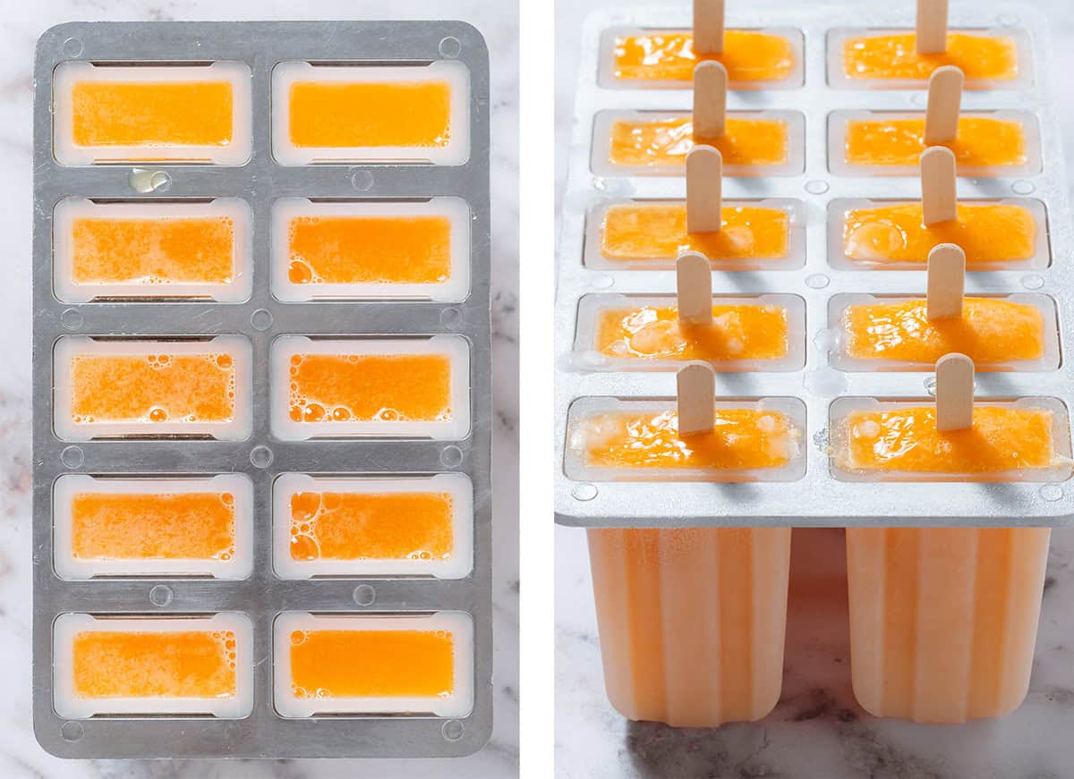 Popsicle molds with popsicles before and after freezing with popsicle sticks.