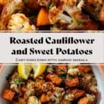 Roasted caramelized diced sweet potato and cauliflower florets in a white bowl sprinkled with flaky sea salt and chopped fresh parsley and with two lemon wedges on the left and two forks on the right.