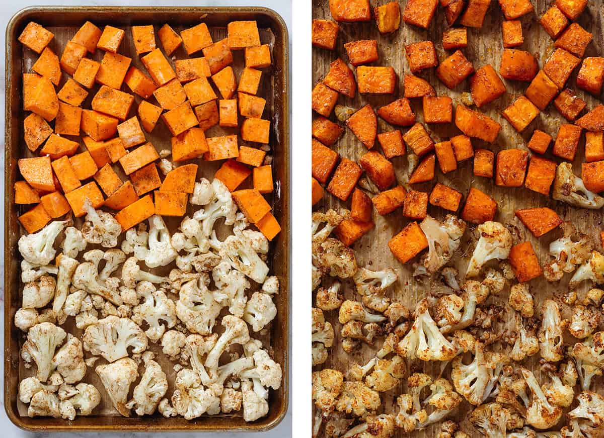 Raw diced sweet potato and cauliflower florets tossed with spices and oil on a baking sheet on the left and after roasting on the right.