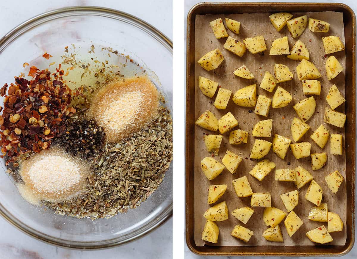 A glass bowl with spices and oil on the left and a baking sheet with diced potatoes tossed with the seasoning mix on the right.