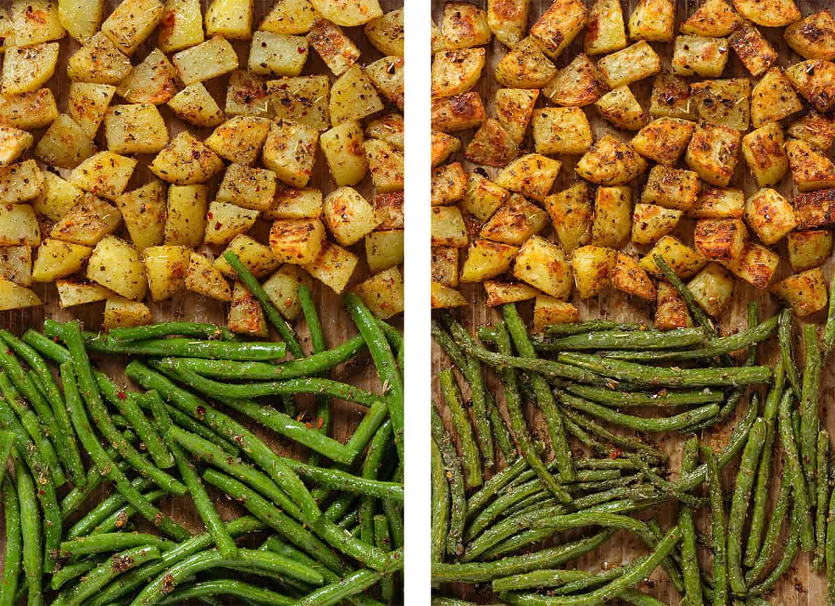 Slightly roasted diced potatoes and raw green beans tossed with spices and oil on a baking sheet on the left, and both roasted and golden on the right.