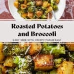 Roasted broccoli florets and crispy diced potatoes sprinkled with grated parmesan in a white bowl garnished with two lemon wedges on the left.