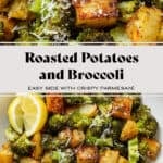 Roasted broccoli florets and crispy diced potatoes sprinkled with grated parmesan garnished with two lemon wedges on the left.
