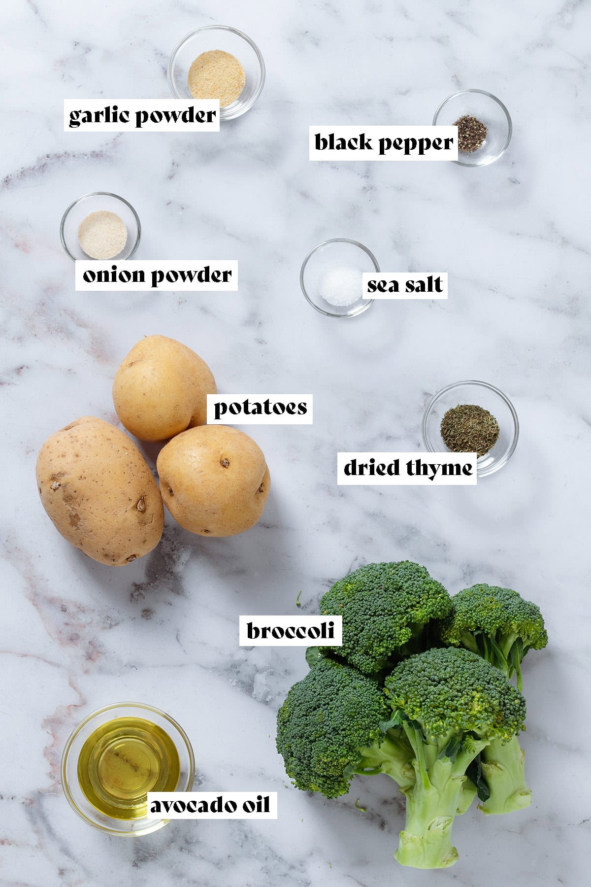 Broccoli, potatoes, and small bowls with spices and avocado oil, with text overlay.