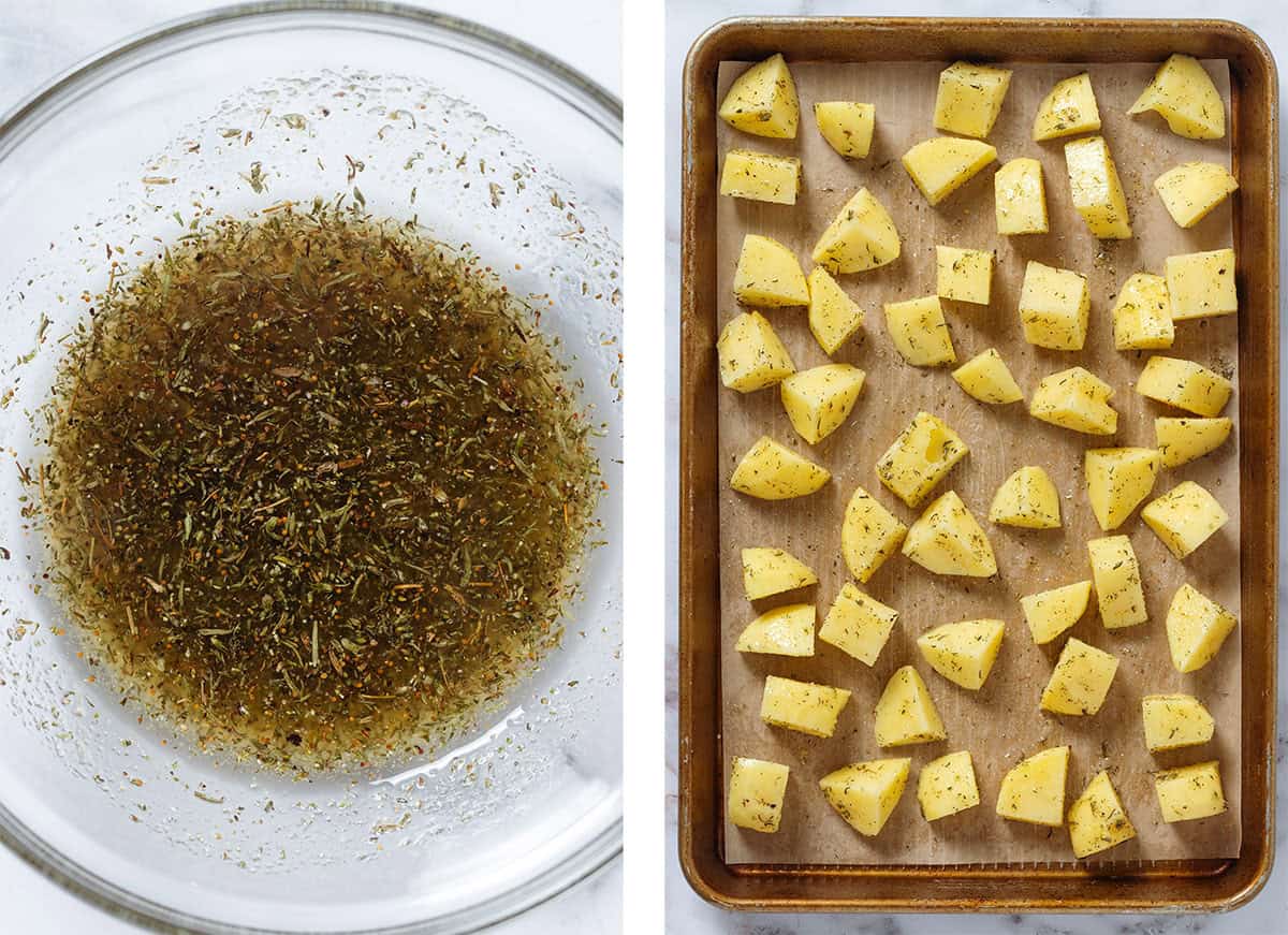 A glass bowl with spices, herbs, and oil on the left and a baking sheet with diced potatoes tossed with the seasoning mix on the right.