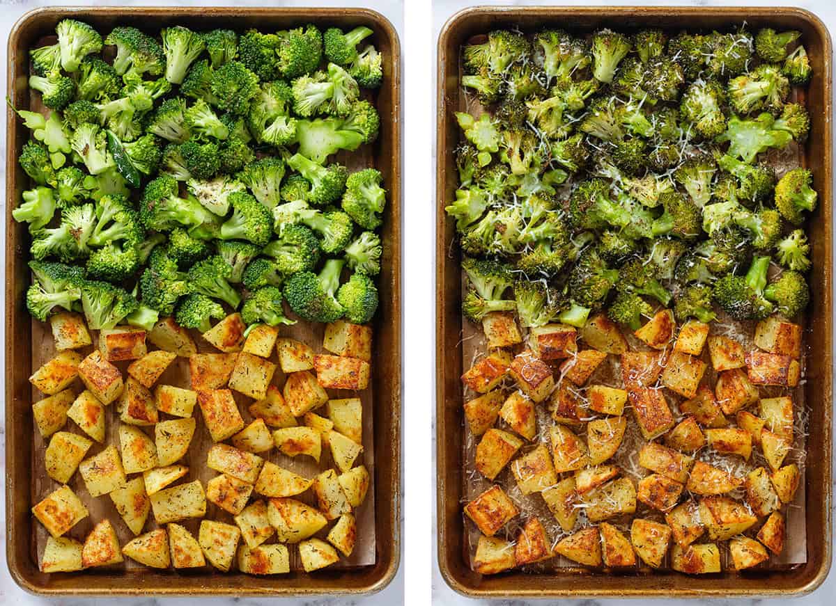 Roasted potatoes and raw broccoli florets on a baking sheet on the left and after roasting with added grated parmesan on the right.