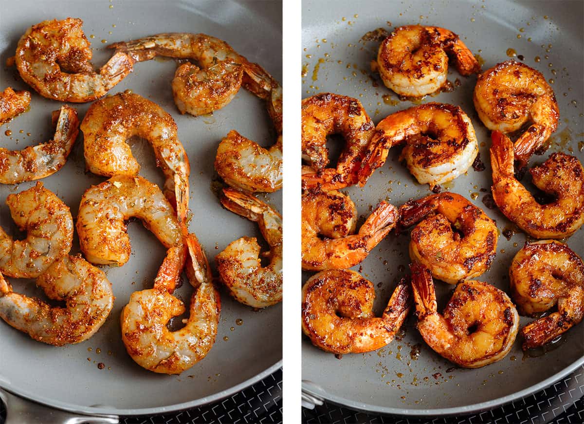 Shrimp cooking in a non-stick pan with oil and fajita seasoning.