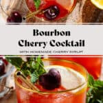 A red bourbon cherry cocktail in a short glass with a gold rim garnished with a slice of lemon, a fresh cherry, and a sprig of fresh mint.