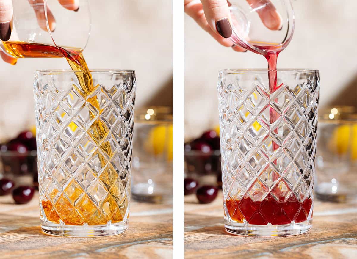 Bourbon and cherry syrup being poured into a glass cocktail shaker.