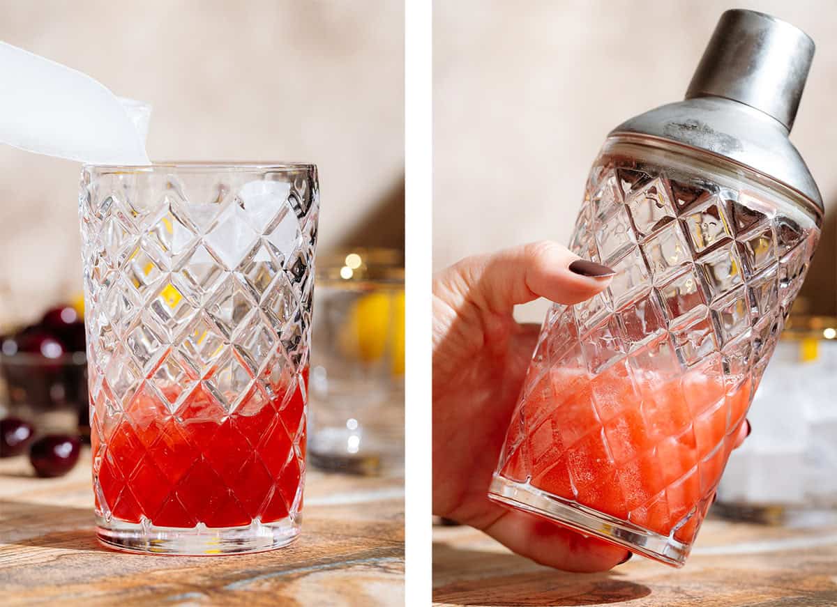 Ice being added into a glass cocktail shaker on the left and a hand shaking it on the right.