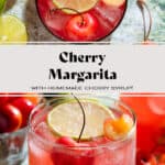 Bright red cherry margarita in two short glasses garnished with slices of lime and fresh cherries.