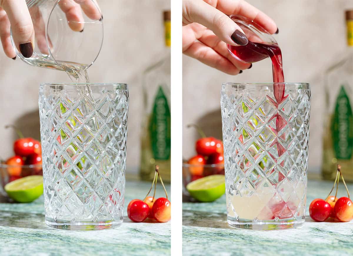 Tequila and cherry syrup being poured into a glass cocktail shaker.