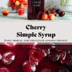 A glass jar with dark red cherry syrup with light and dark cherries all around it on the top and the syrup with fresh cherries before straining on the bottom.