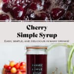 A glass jar with dark red cherry syrup with light and dark cherries all around it on the bottom and the syrup simmering with fresh cherries on top.