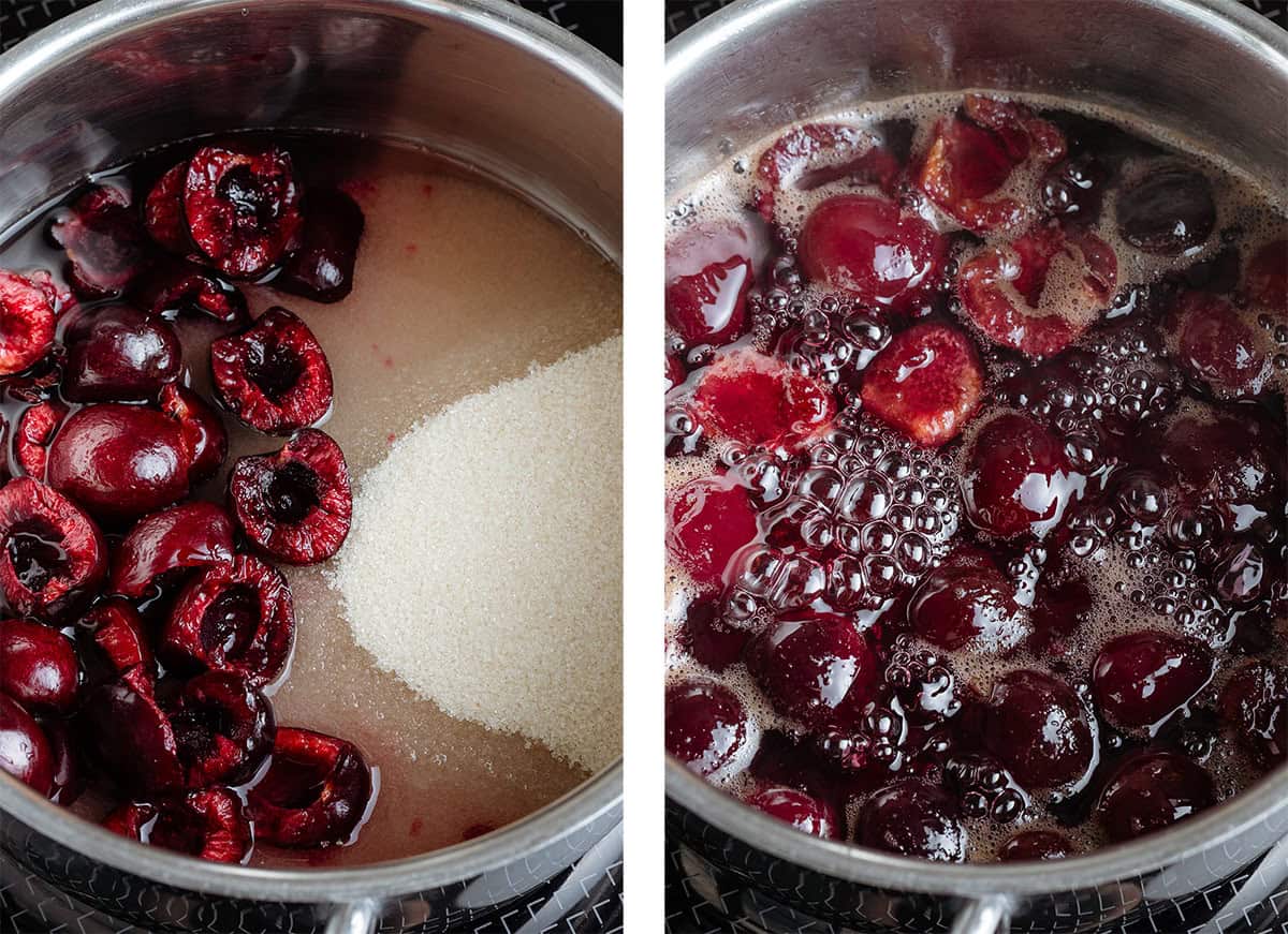 Fresh pitted cherries, cane sugar, and water in a small pot on the stove simmering to make syrup.